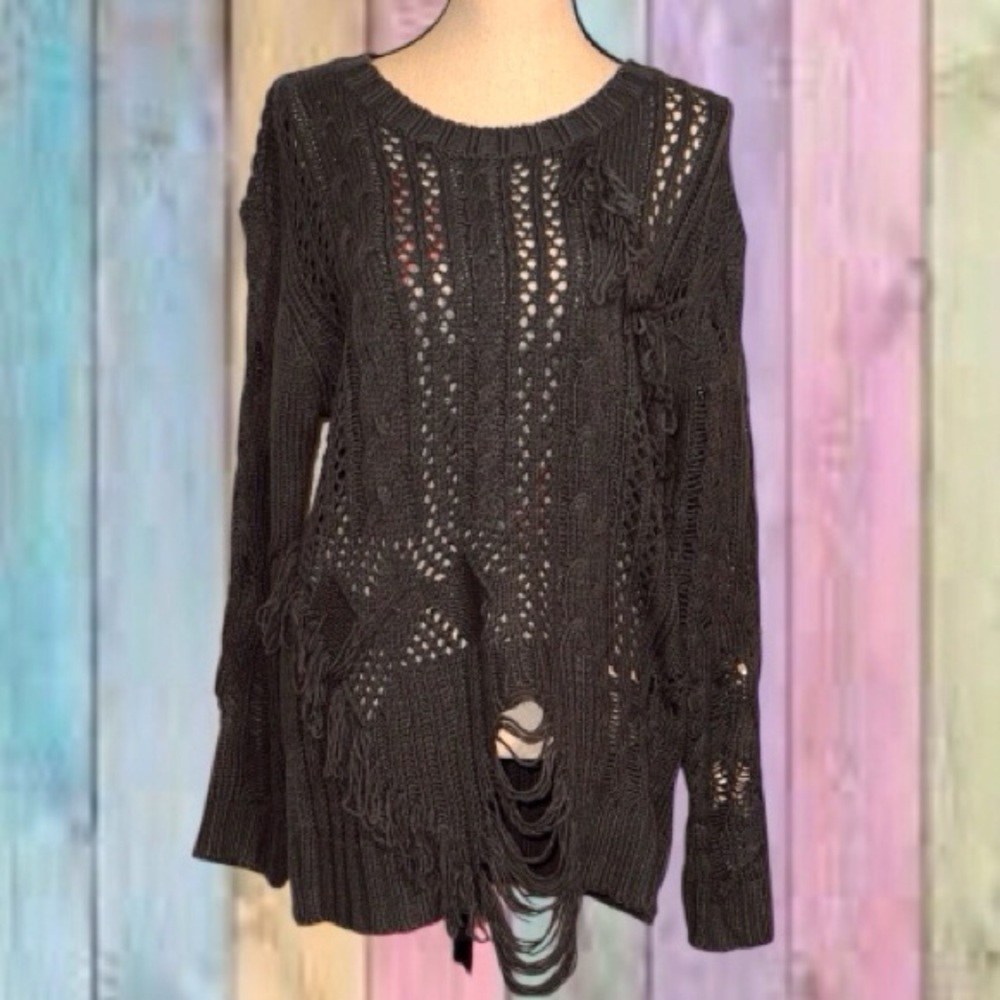 Love Riche Green Grayish Distressed Knit Sweater Top NWOT